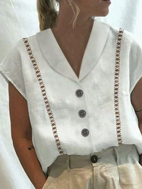Hollow V-neck Cotton Linen Casual Shirt Tops