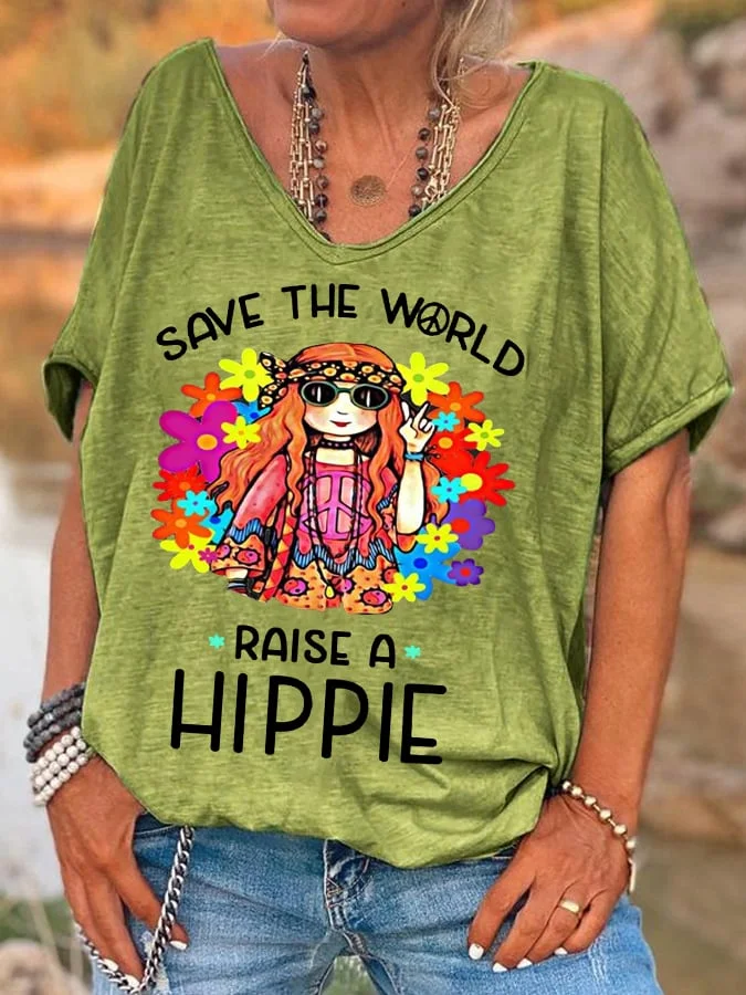 Women's Save The World Rise A Hippie Casual V-Neck Tee