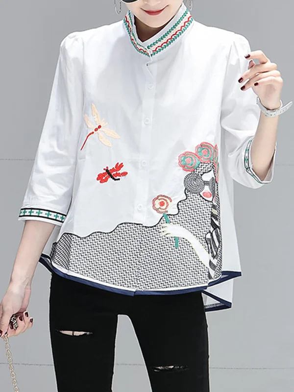 Loose Plus Size Embroidered Figure Stand Collar Blouses&Shirts Tops