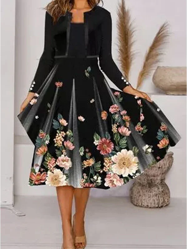 Floral Tunic Round Neckline Midi A-line Dress
