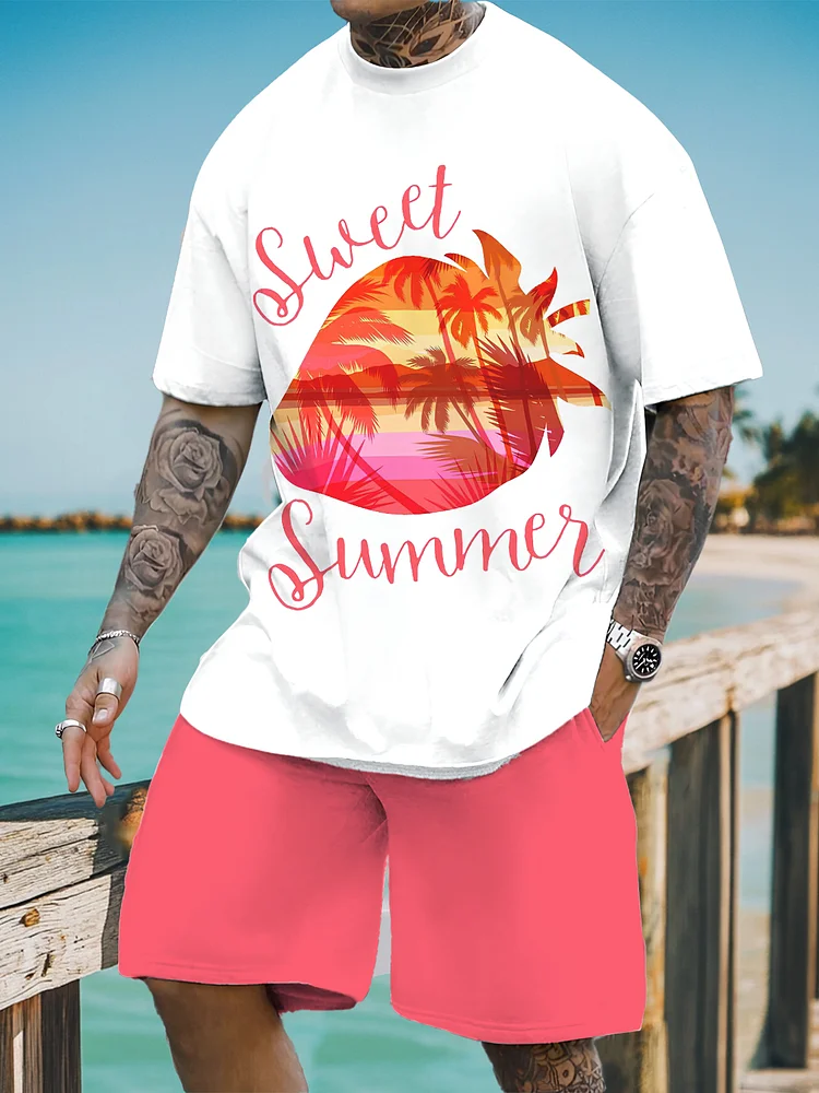 Men's Vacation Hawaiian Sweet Summer Gradient Strawberry Print T-Shirt Shorts Matching Set