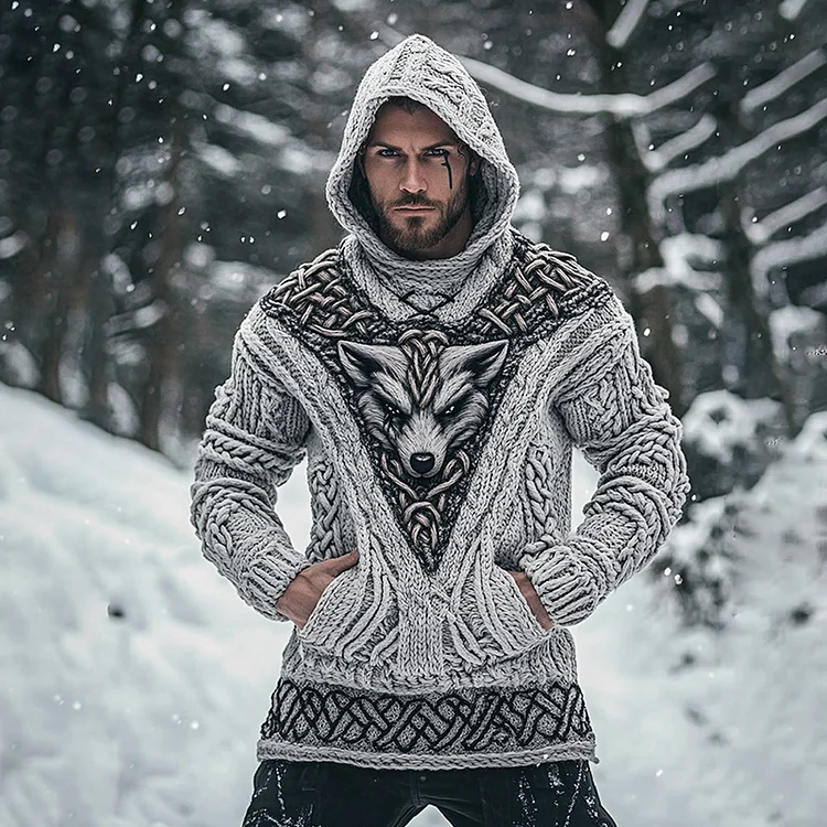 Men's Viking Tribal Wolf Inspired Celtic Chunky Knit Pocket Hooded Sweater