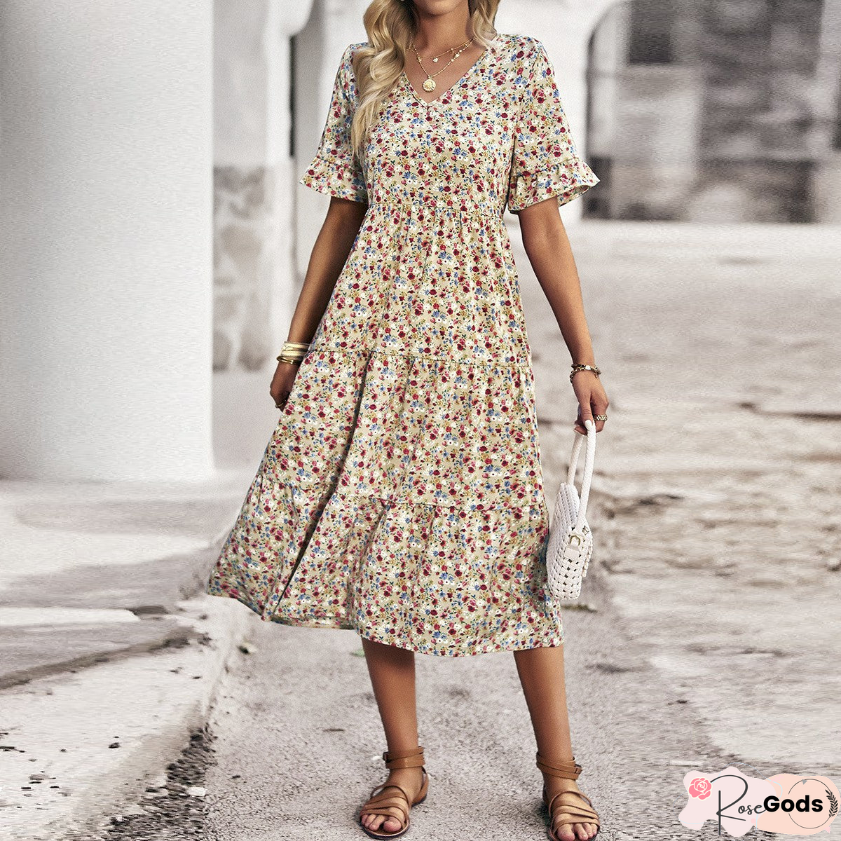 Floral print ruffled 3/4 puff sleeve midi dress main image 0