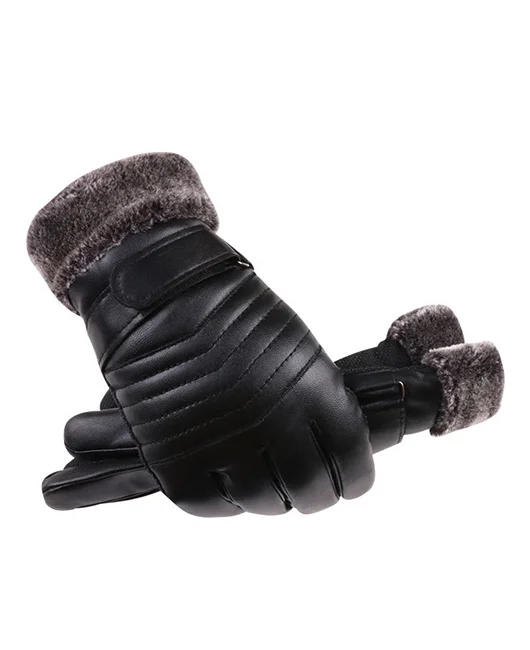 Fuzzy Patchwork Quilted PU Leather Full Finger Winter Gloves 