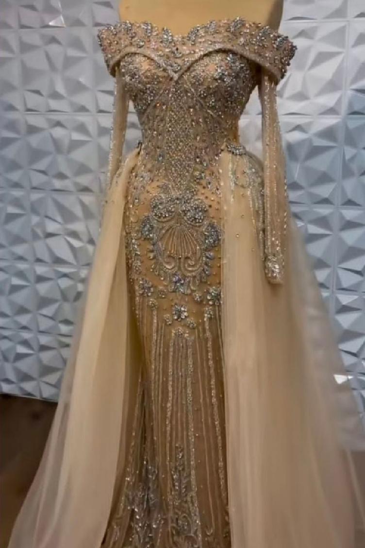 Lvs&Broner Off the Shoulder Long Sleeves Long Prom Dress With Beading Tulle