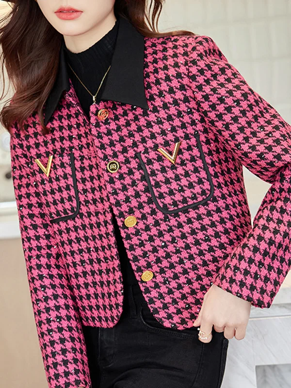 Long Sleeves Plus Size Buttoned Houndstooth Pockets Split-Joint Lapel Outerwear