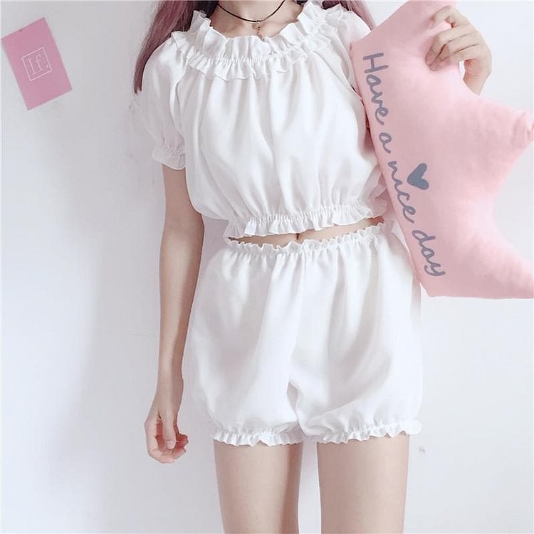 Black/White Falbala Top&Short Two-piece Set SP1812353