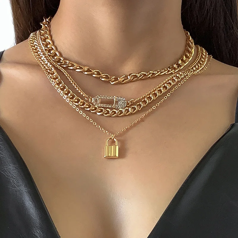 Women's Hiphop Trend Rhinestone Pin Lock Shape Necklace