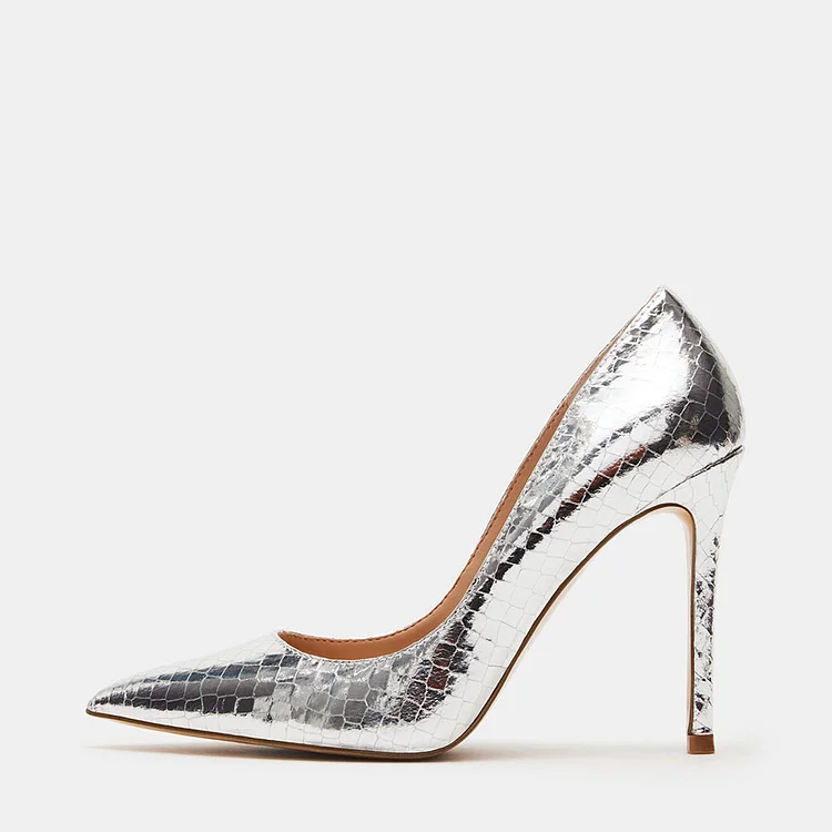 Silver Python Pointed Toe Stiletto Heel Pumps Shoes |FSJ Shoes