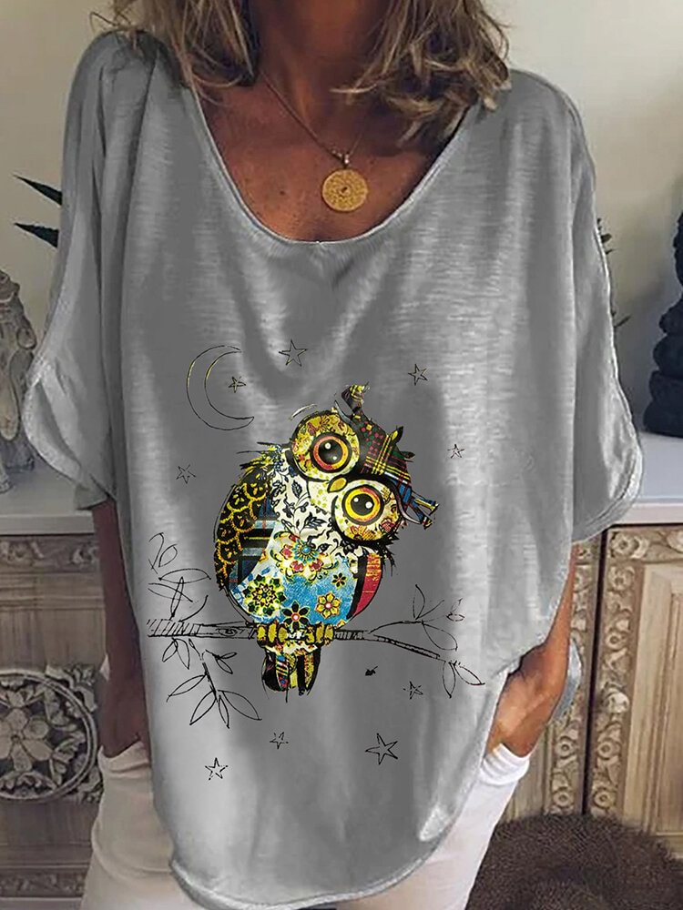 Cartoon Owl Print Half Sleeve O neck Causal Blouse For Women P1735679