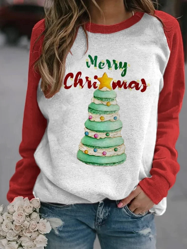 Vefave Merry Macaroon Christmas Tree Print Sweatshirt