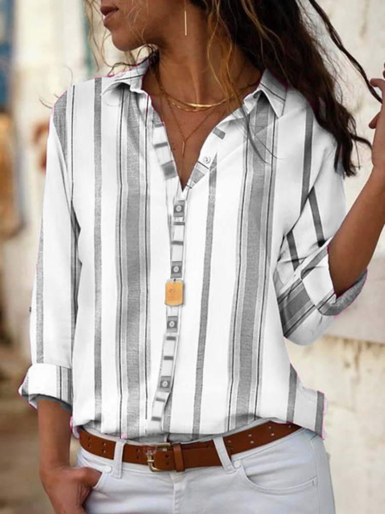 Gray Long Sleeve Shirt Collar Cotton-Blend Shirts & Tops socialshop