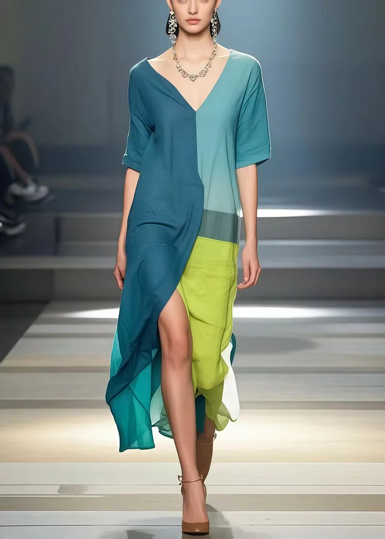 Art Asymmetrical Design Side Open Cotton Ankle Dress Summer