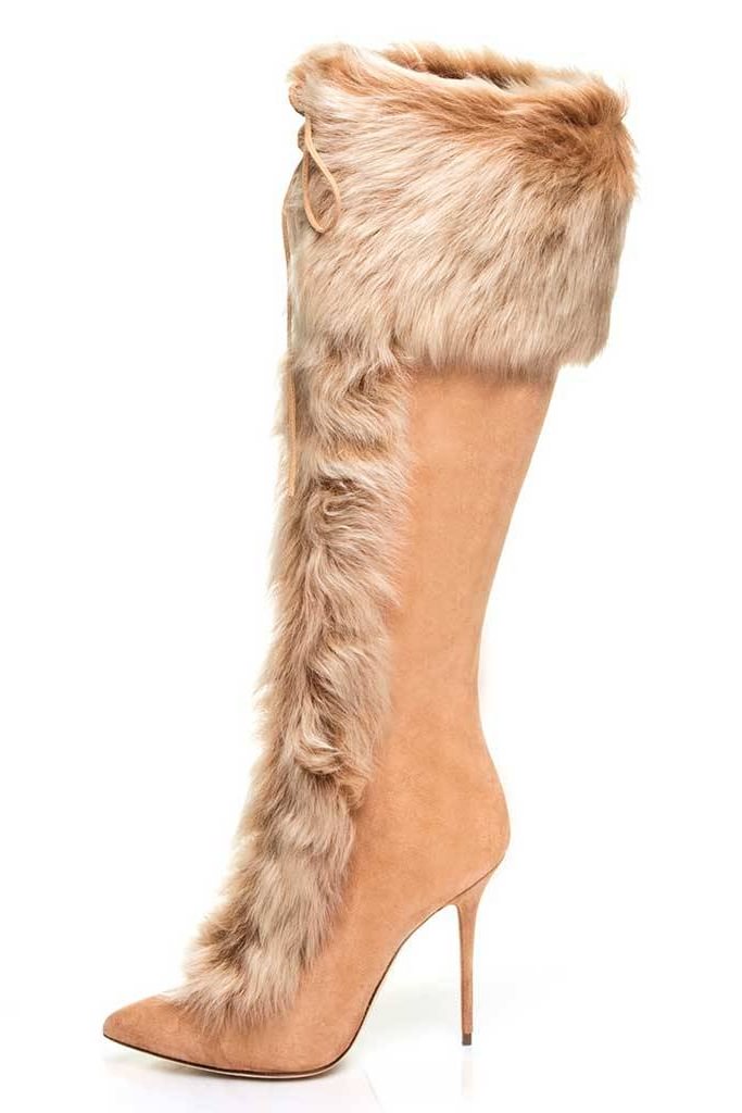 Winter Khaki Stiletto Heels Fur Boots Pointy Toe Suede Knee High Boots |FSJ Shoes