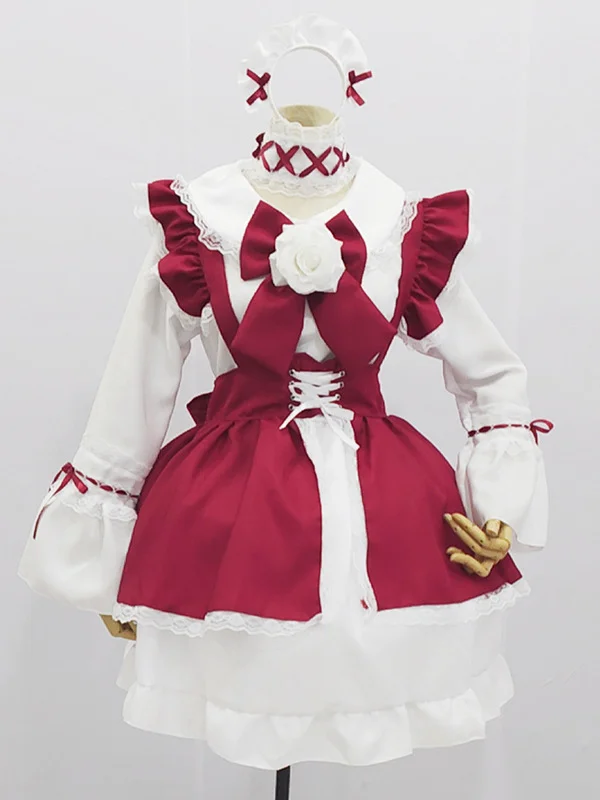 Lolita Bell Sleeve Rose Bandaged Bowknot Ruffled Mini Maid Dress