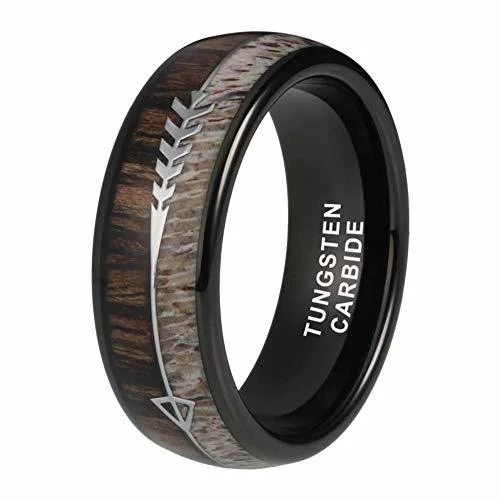 Women's Or Men's Tungsten Carbide Wedding Band Matching Rings,Black Cupid's Arrow over Wood Inlay,Tungsten Carbide Ring with High Polish Antler and Dark Wood Inlay,Domed Top Ring With Mens And Womens Rings For 4MM 6MM 8MM 10MM