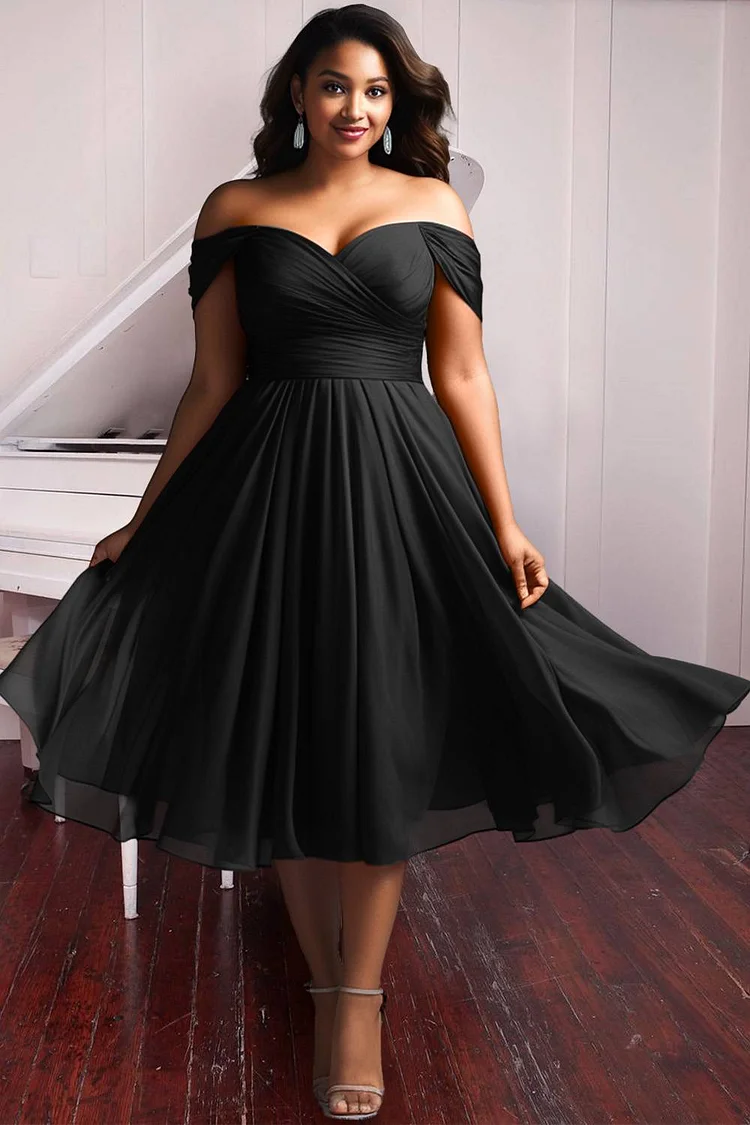 Plus Size Cocktail Party Midi Dresses Elegant Red Fall Winter Off The Shoulder Short Sleeve Pleated A-Line Chiffon Midi Dresses [Pre-Order]