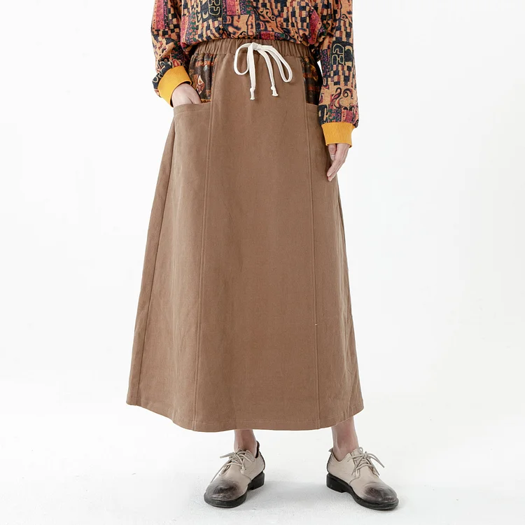 PLUS Size - Pure Color Drawstring Pocket Patchwork Skirt