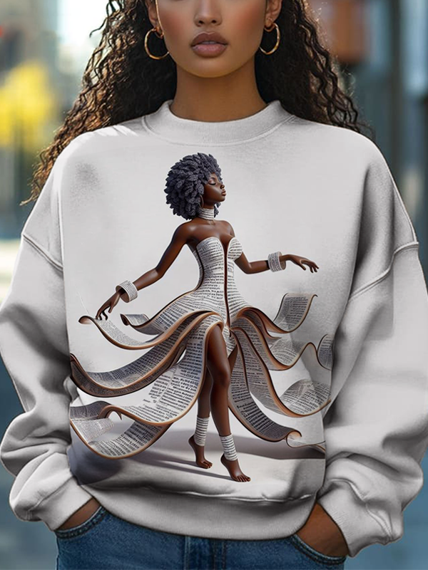 Women's Elegant Black Woman In Newspaper Dress Art Print Casual Sweatshirt