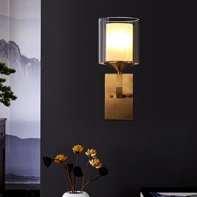 1 Bulb Wall Lamp Fixture Colonial Style 2-Tier Cylindrical Clear and Opal Glass Sconce Lighting in Brass