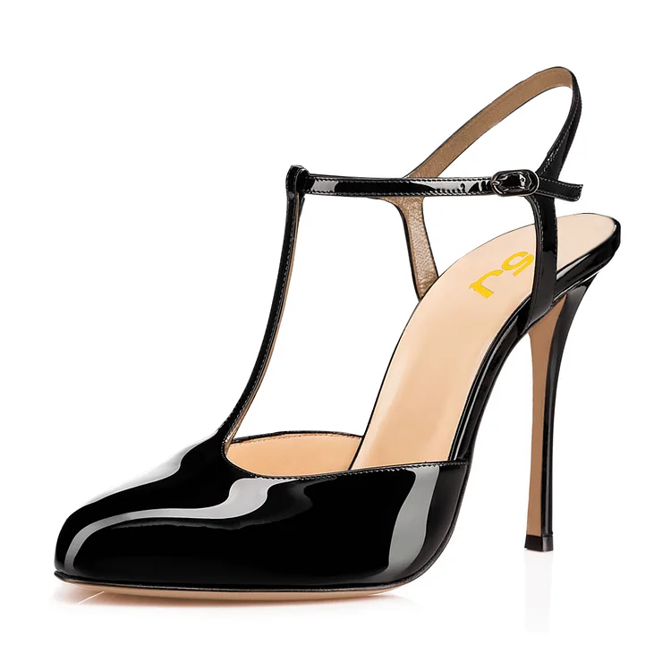 Black Patent Leather T Strap Sandals Stiletto Heel Classy Shoes |FSJ Shoes
