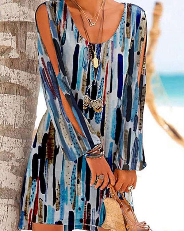 Print Cold Shoulder Sleeve Casual Vacation Dresses