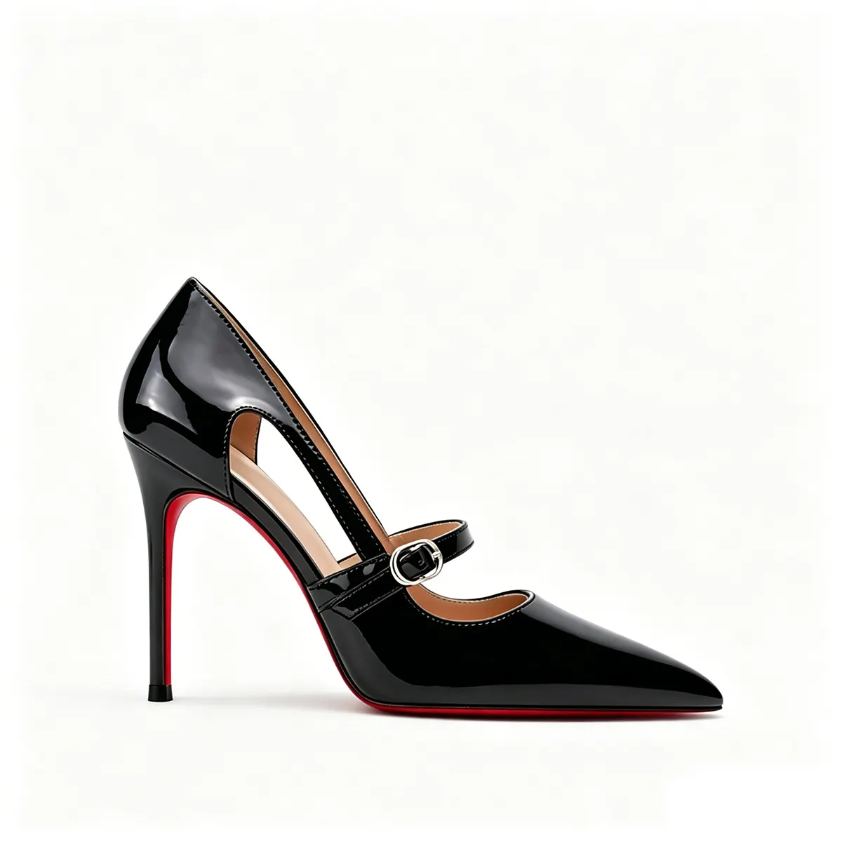 100mm Side Cutout Mary Jane Red Bottom Stiletto Heels Pointed Toe Buckle Strap Formal Dress Pumps for Wedding Party-MERUMOTE