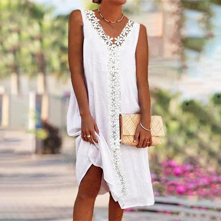 VChics Solid Color Patchwork Lace Cozy Midi Dress