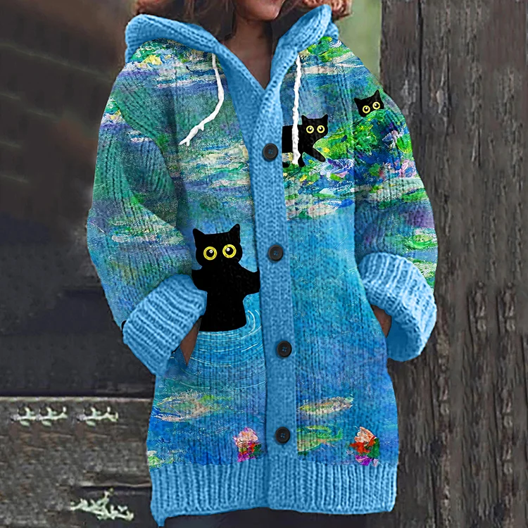 Women S Black Cat Art Cozy Cardigan Sweater