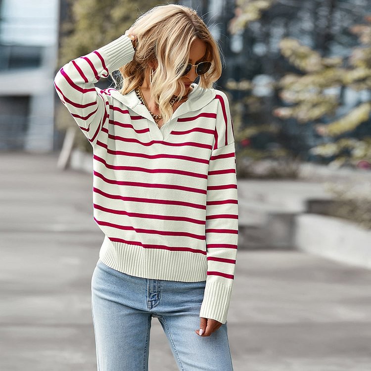 Lapel Striped Long Sleeve Sweater - Red