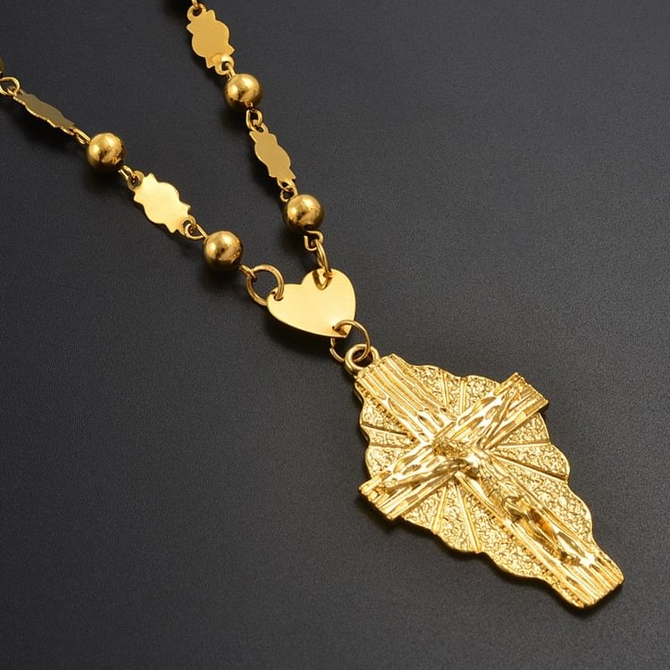 YOY-Gold Color Cross Pendant Ball Beads Chain Necklaces