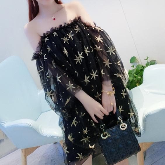 Black/Beige/Pink Sweet Off-Shoulder Dress SP1812334