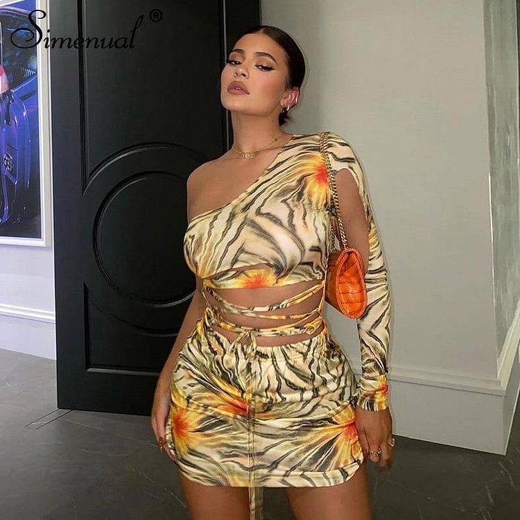Simenual Sexy One Shoulder Bandage Party Mini Dress for Women Long Sleeve Hollow Out Fashion Fall Clubwear Print Bodycon Dresses