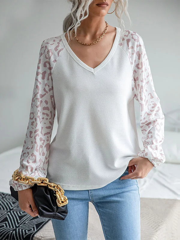 Original Creation Roomy Long Sleeves Split-Joint Leopard V-Neck T-Shirts Tops