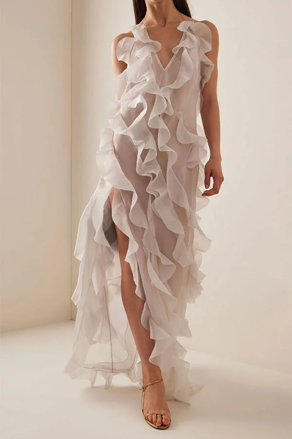 Stringy Selvedge Unusual Backless High Split Maxi Dress