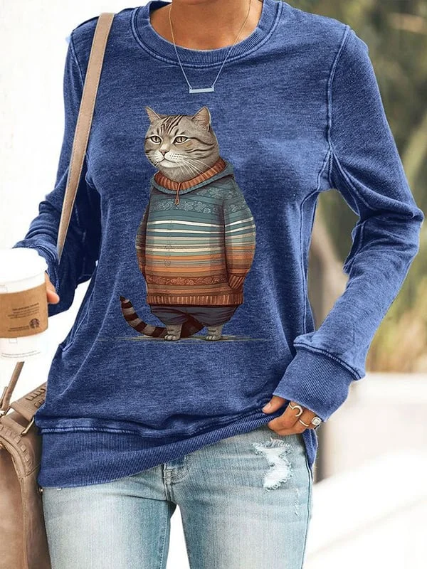 Women's Winter Cat Print Casual Sweatshirt