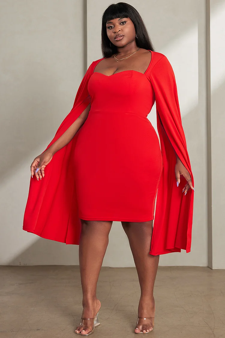 Plus Size Evening Midi Dresses Elegant Red Square Neck Long Sleeve Split Combed Cotton Midi Dresses [Pre-Order]