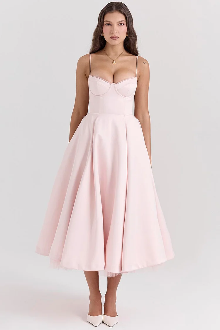 Elegant Cinch Waist Party Bridesmaid Tulle Layered Midi Slip Dresses-Pink