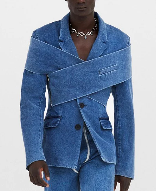 Fashion Lapel Collar Cross Design Button Denim Jacket Okaywear