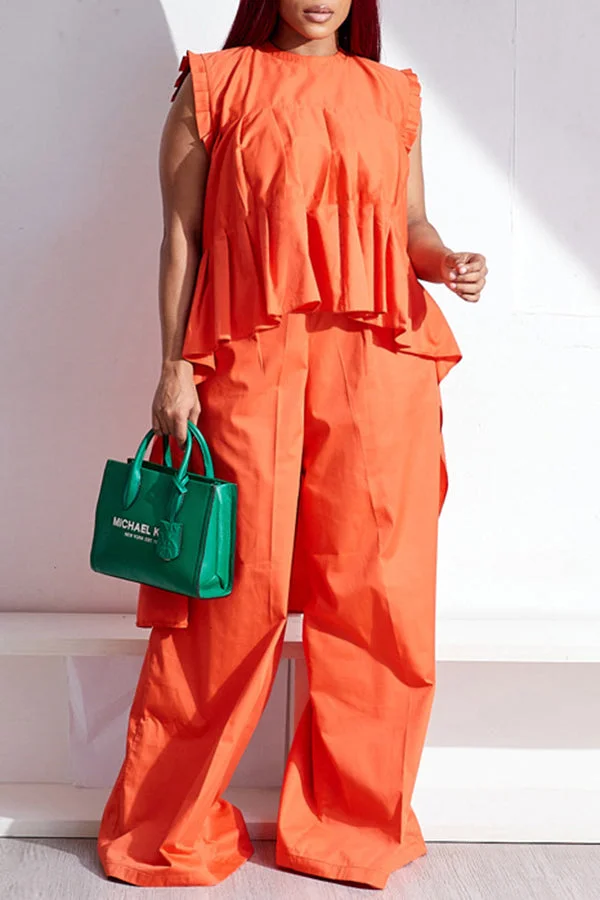 Casual Sleeveless Ruching Solid Color Asymmetric Top Wide-Leg Pant Suits