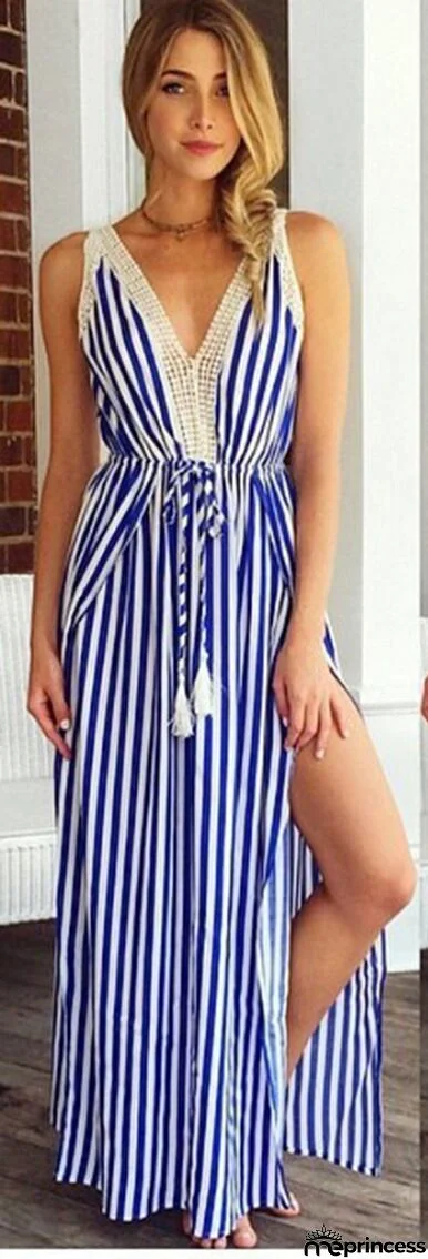 Deep V neck Striped Sleeve Less Maxi Dress