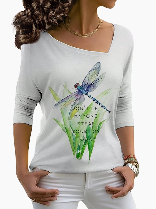 Dragonfly Enjoy Life Printed Crooked Collar Long-Sleeves