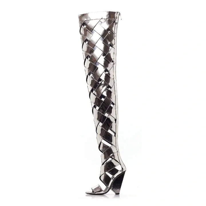 Silver Chunky Heel Thigh High Boots - Open Toe Summer Boots Vdcoo