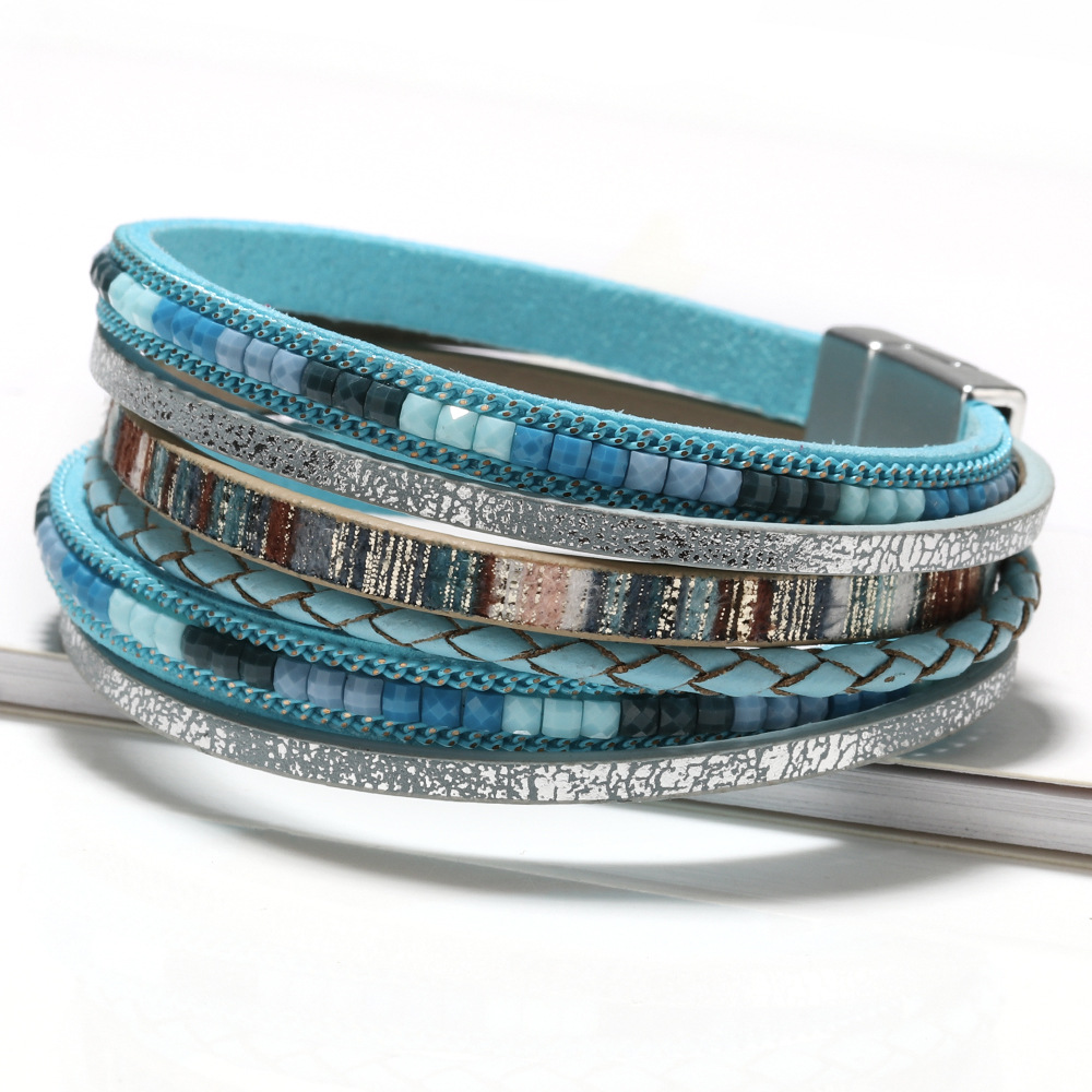1pc Multi Layers PU Leather Bracelet Boho Style Hand Jewelry Decoration With Magnetic Buckle
