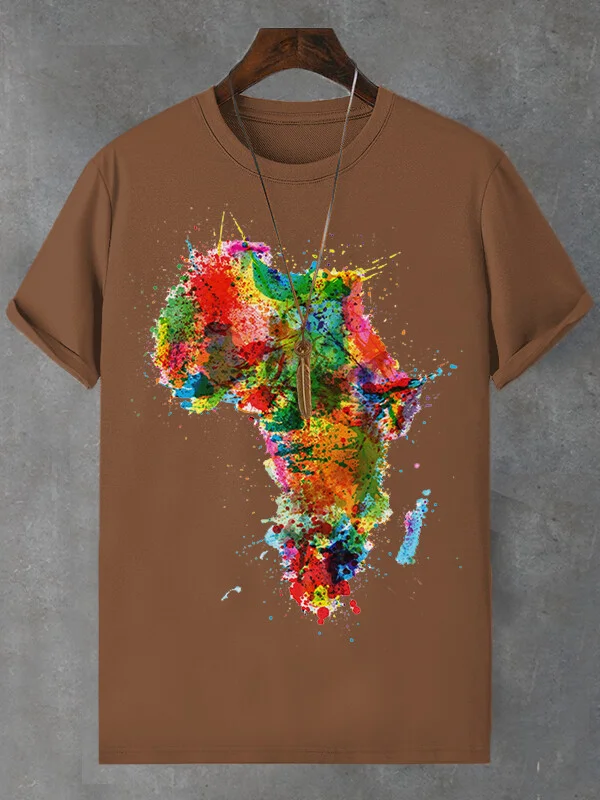 Men's Colorful African Map Art Print Cotton Casual T-Shirt
