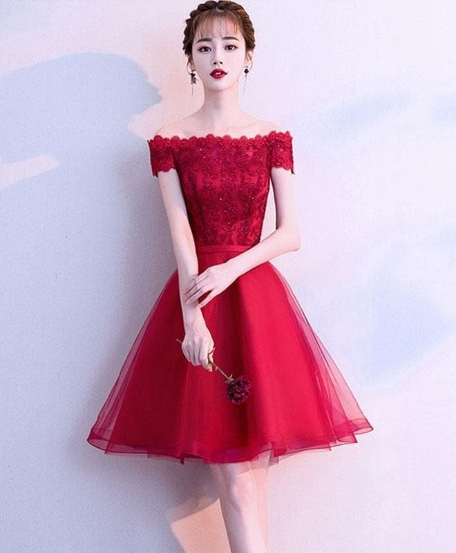 Cute Burgundy Tulle Lace Short Prom Dress, Burgundy Homecoming Dress