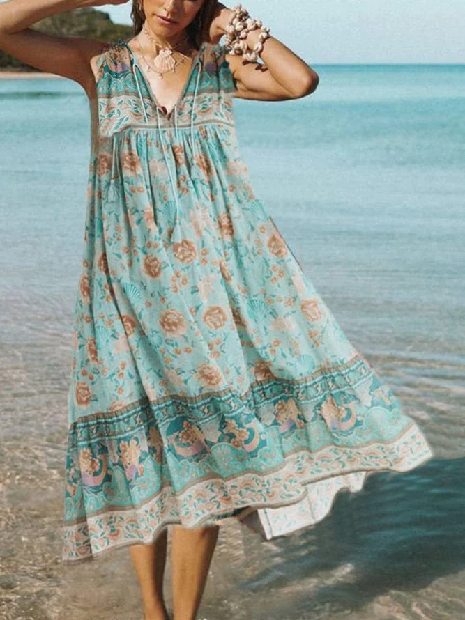 Bohem Floral Printed V-neck Sleeveless Holiday Maxi Dress Zaesvini