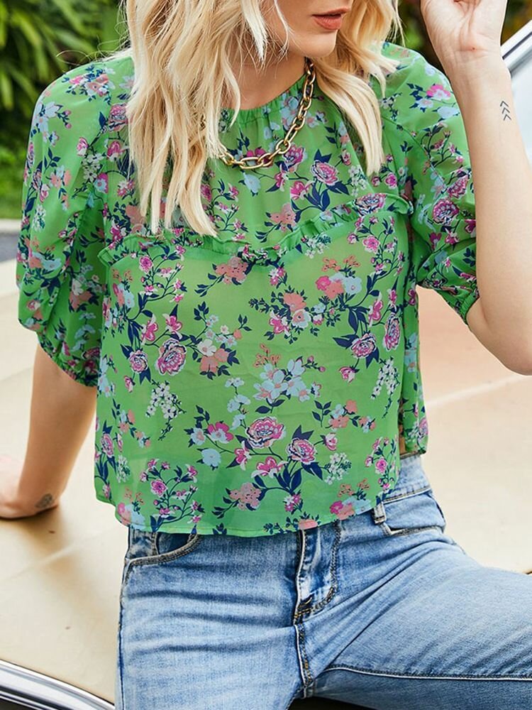 Flower Print O neck Half Sleeve Women Chiffon Blouse P1854354