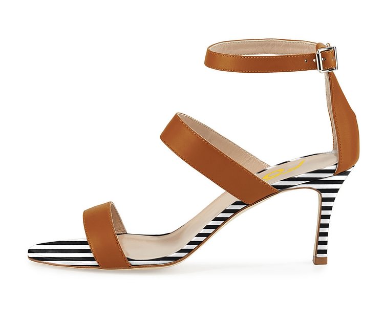 Tan Heels Stripes Stiletto Heel Office Sandals by FSJ |FSJ Shoes