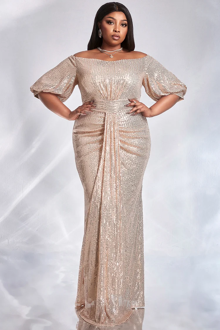 Xpluswear Design Plus Size Prom Formal Evening Dress Champagne Sequined Off-Shoulder Short-Sleeved Fishtail Long Maxi Dress 